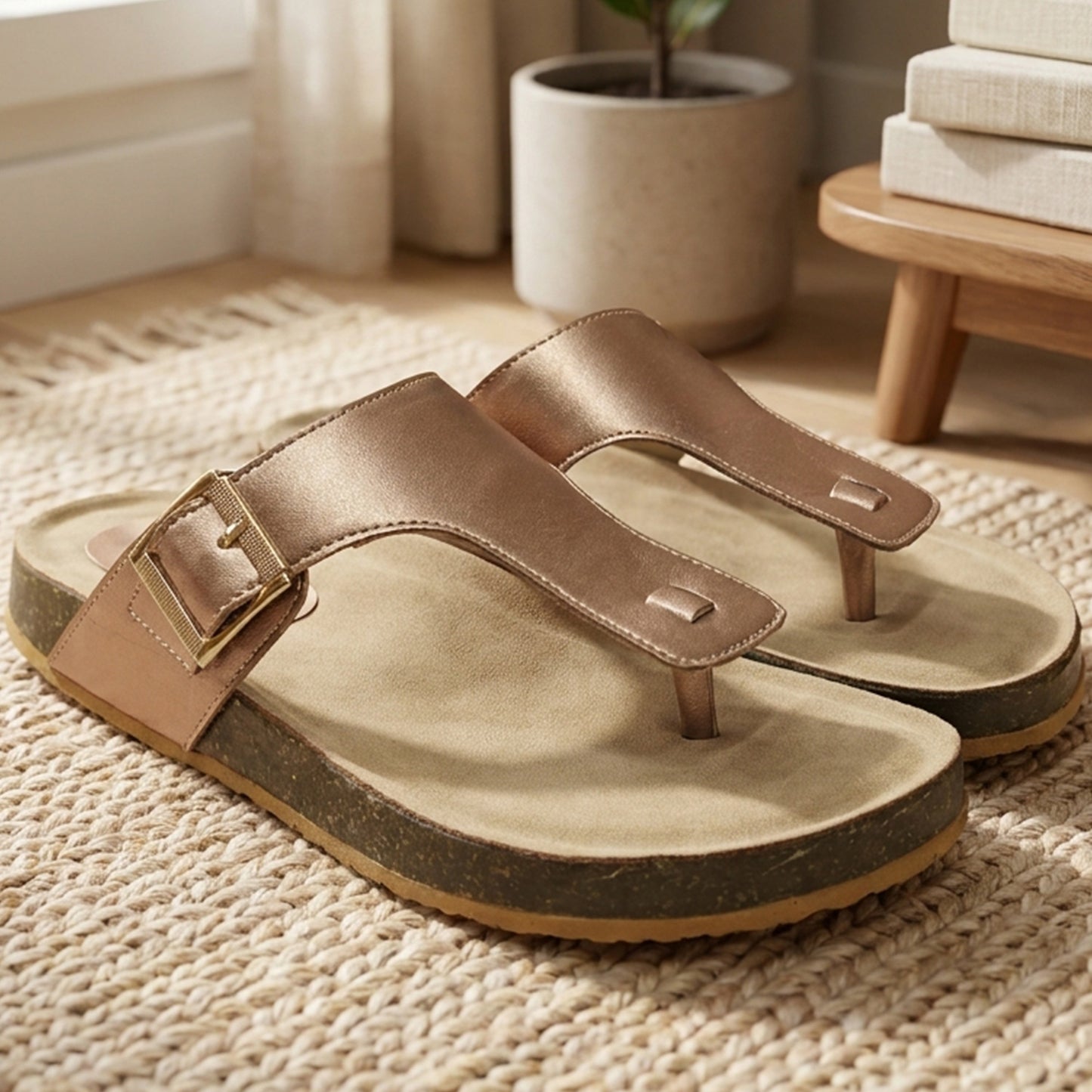 Cork Sole T-Strap Slippers - BRKNB|2800