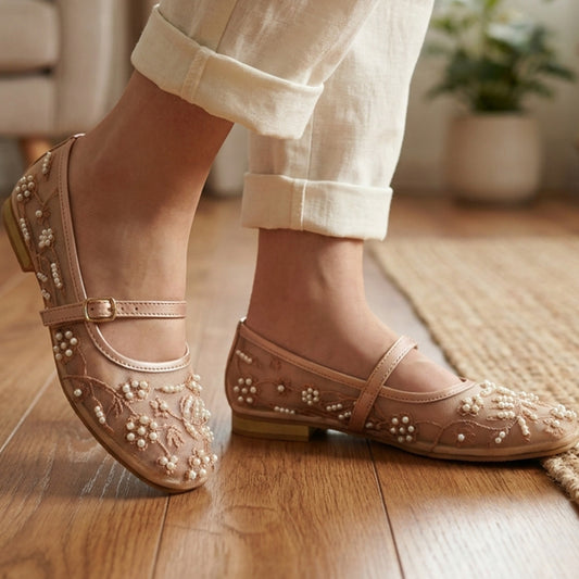 Pearl Embroidered Mesh Mary Janes - RZFP|2700