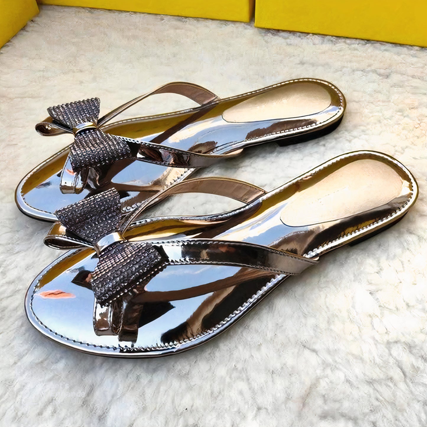 Shiny Bow Flat Slides For Women