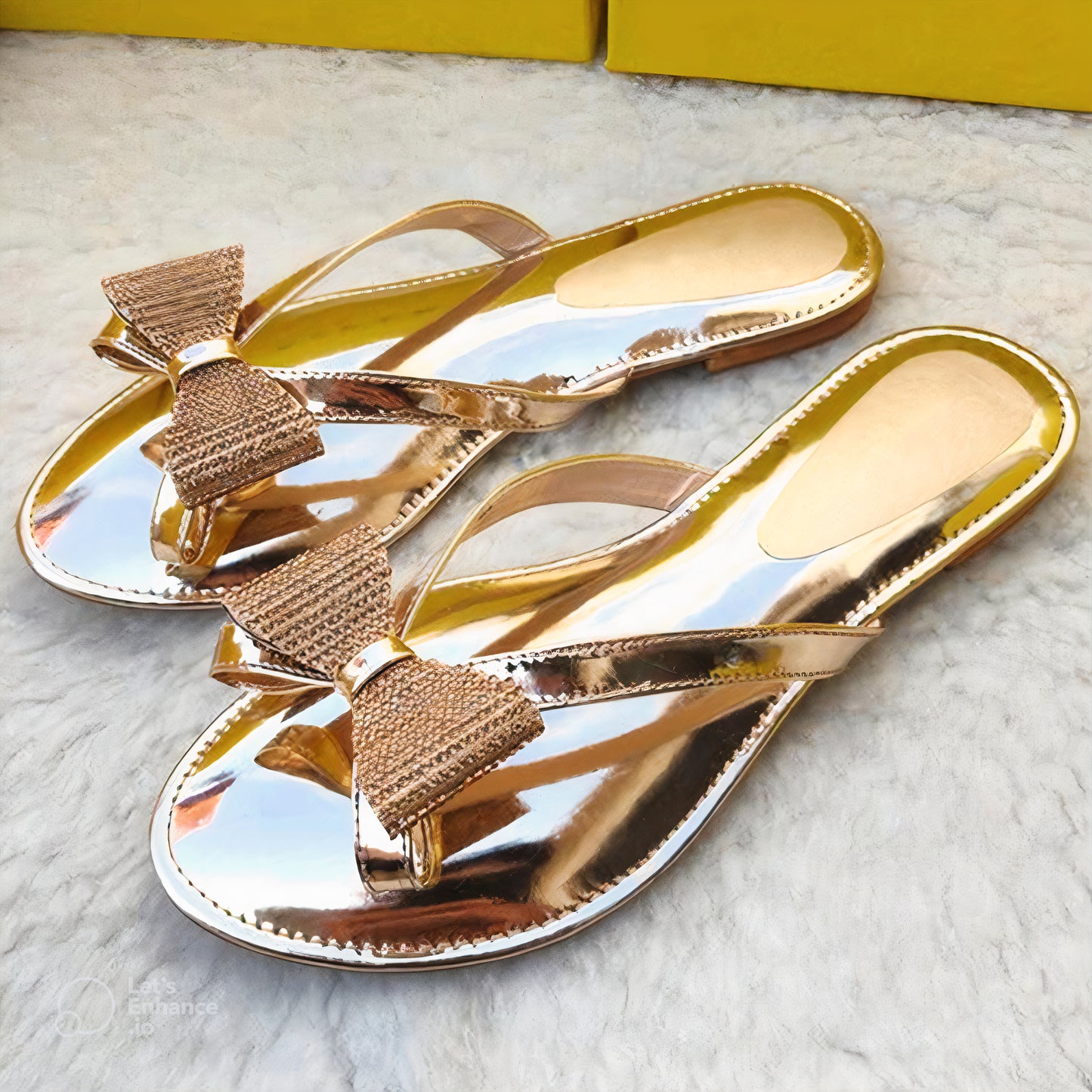 Shiny Bow Flat Slides For Women
