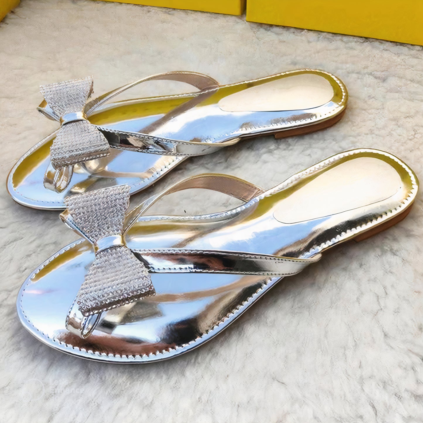Shiny Bow Flat Slides For Women