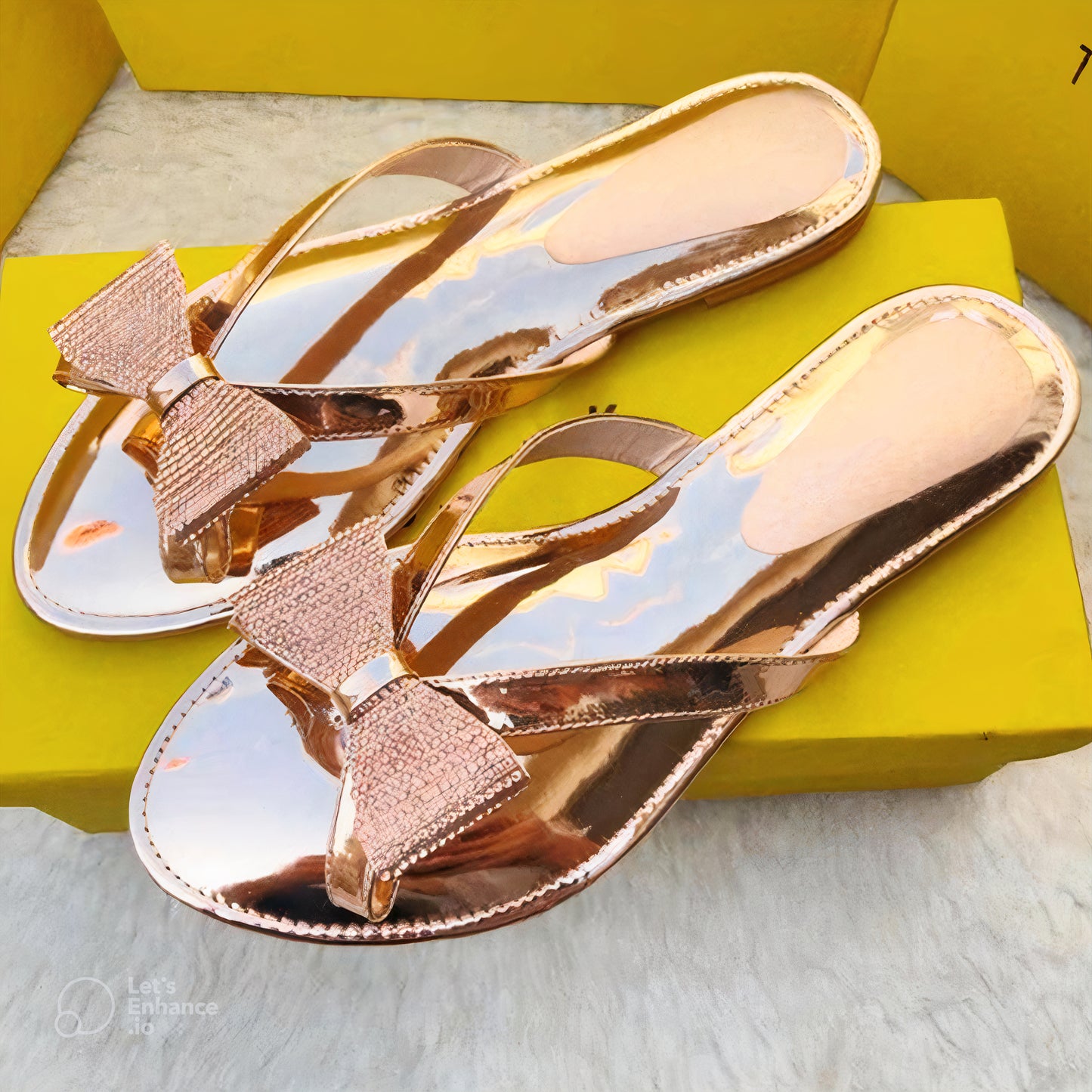 Shiny Bow Flat Slides For Women