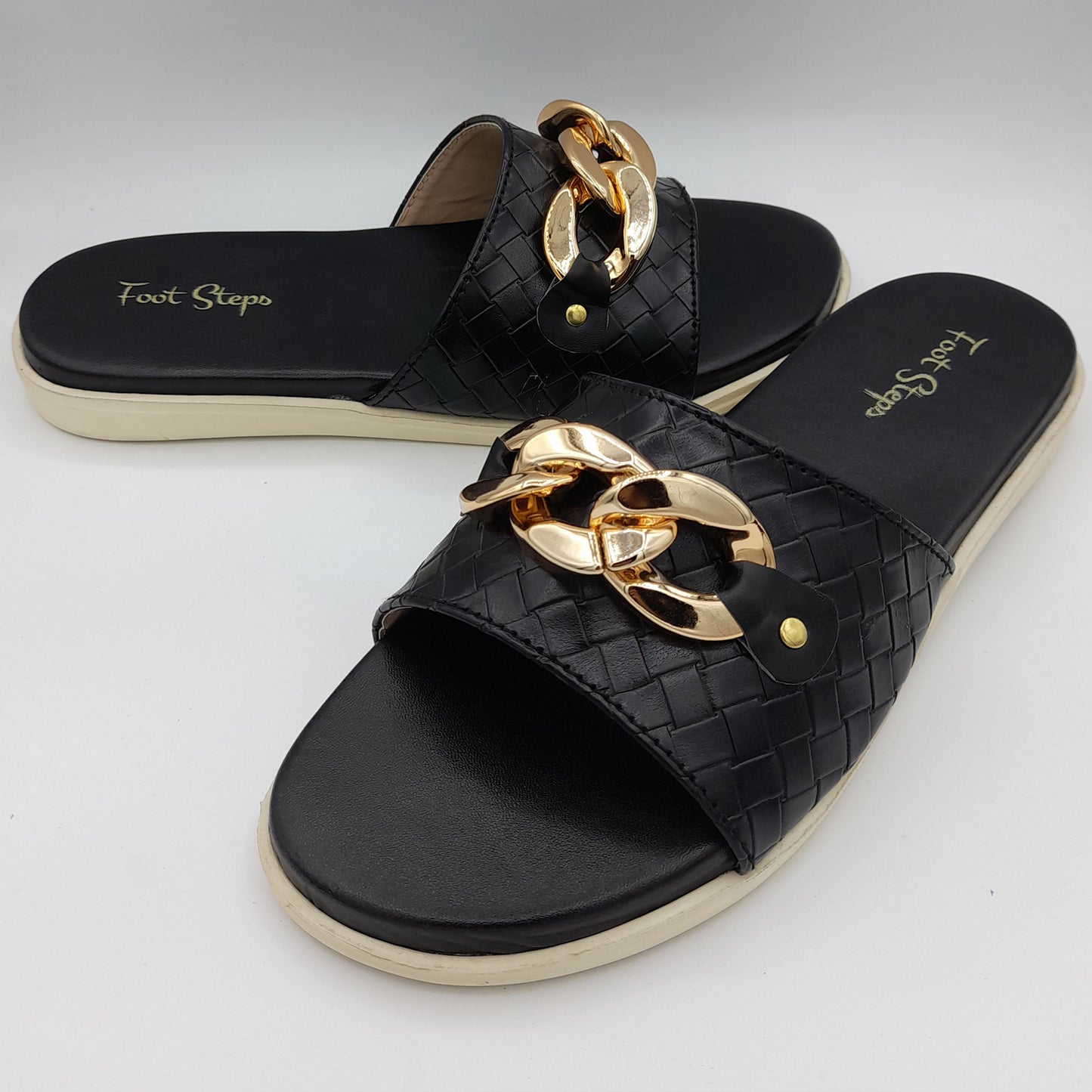 Gold Chain Buckle Slippers For Women