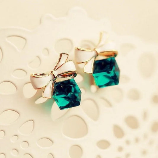 Bowknot Gem Cube Green Earrings Ladies Jewelry