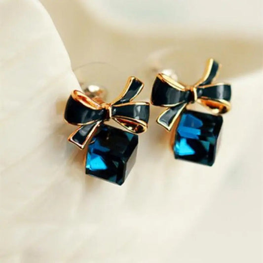 Bowknot Gem Cube Blue Earrings Ladies Jewelry