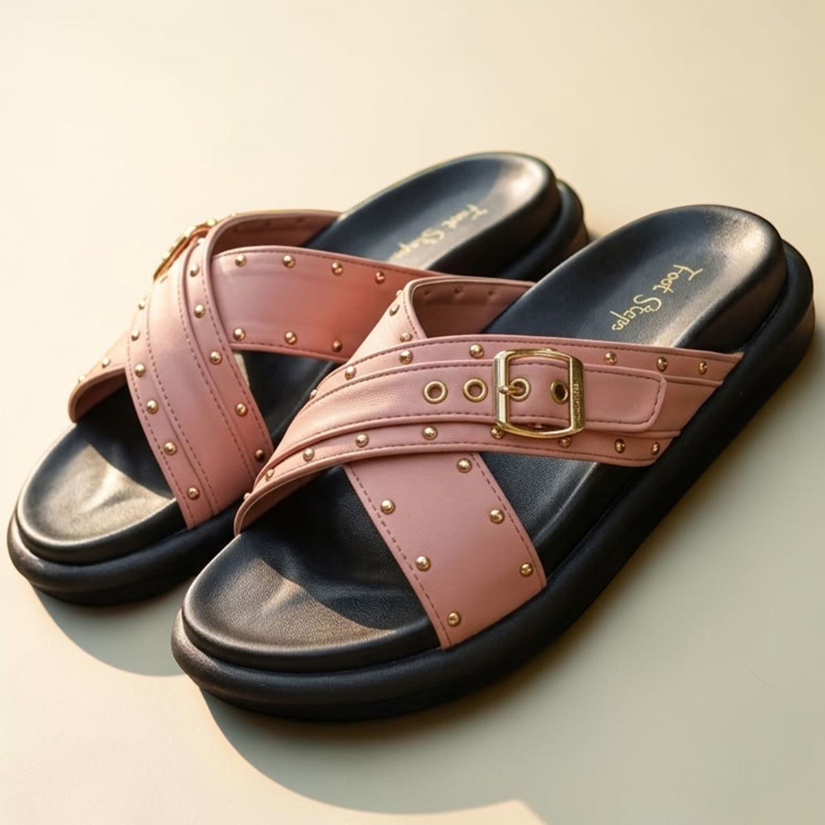 Studded Cross-Strap Soft Flatform Slides - 1115|3050