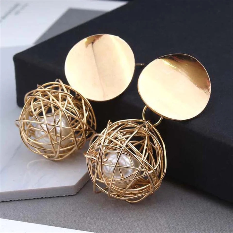 Geometric Gold Nest With Pearl Earrings Ladies Jewelry