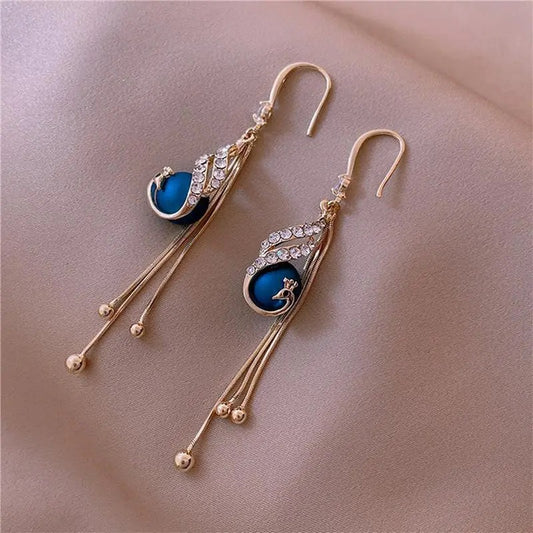 Emerald Blue Dangling Long Earrings Ladies Jewelry
