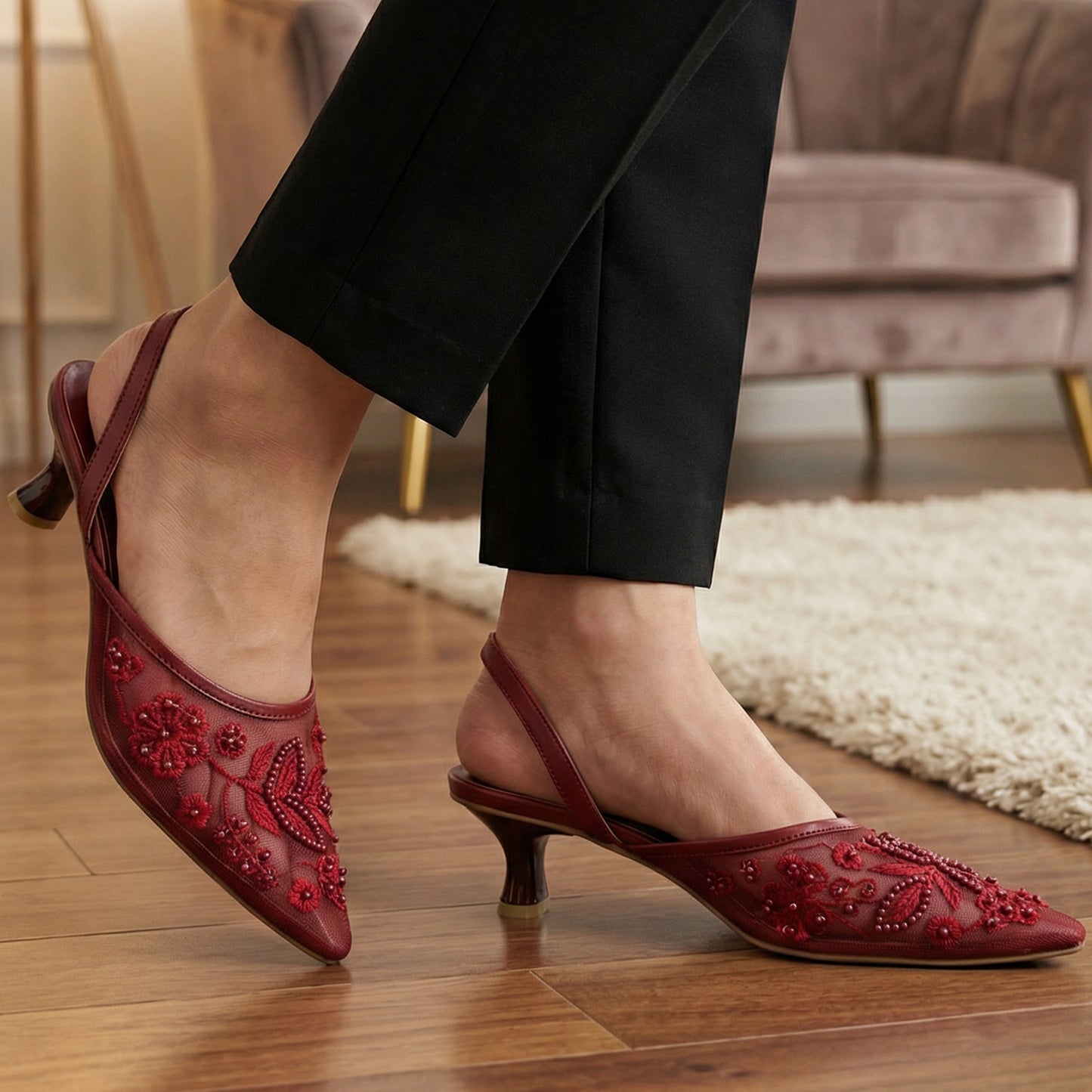 Embroidery Mesh Slingback Heels - AEZ|2950