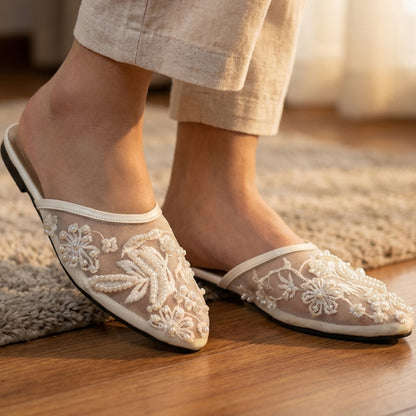 Pearl Mesh Back Open Flat Pumps - BOAEZ|1965