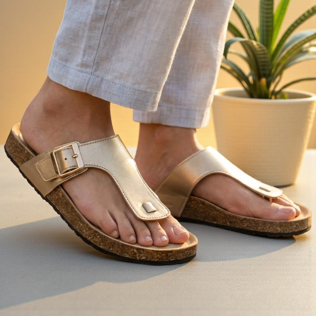 Cork Sole T-Strap Slippers - BRKNB|2450