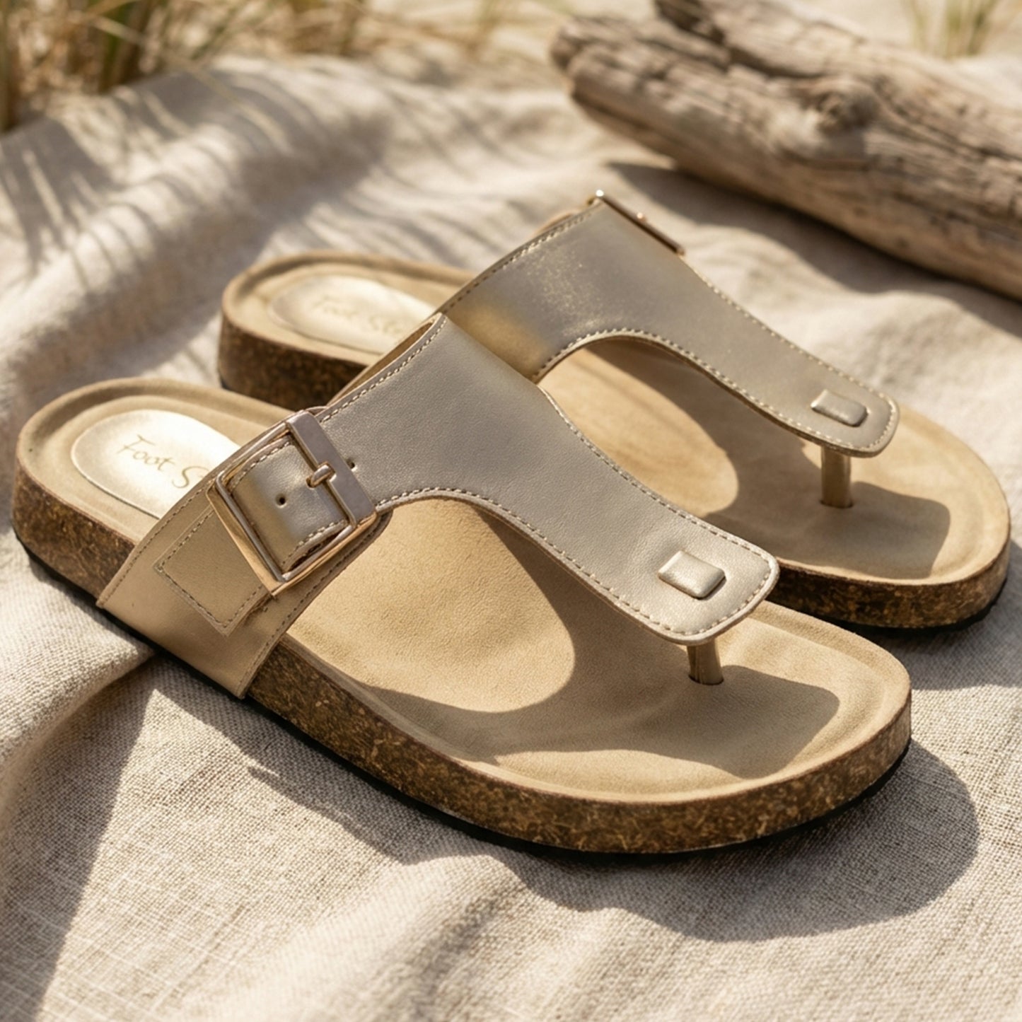 Cork Sole T-Strap Slippers - BRKNB|2450