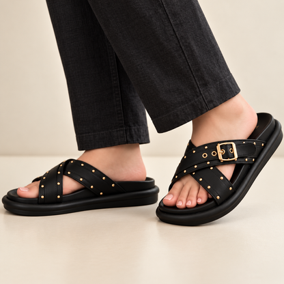 Studded Cross-Strap Soft Flatform Slides - 1115|3050