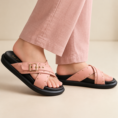Studded Cross-Strap Soft Flatform Slides - 1115|3050