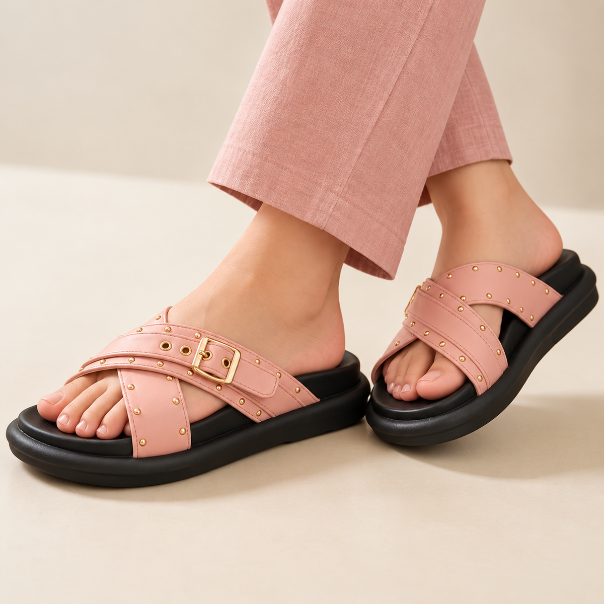 Studded Cross-Strap Soft Flatform Slides - 1115|3050