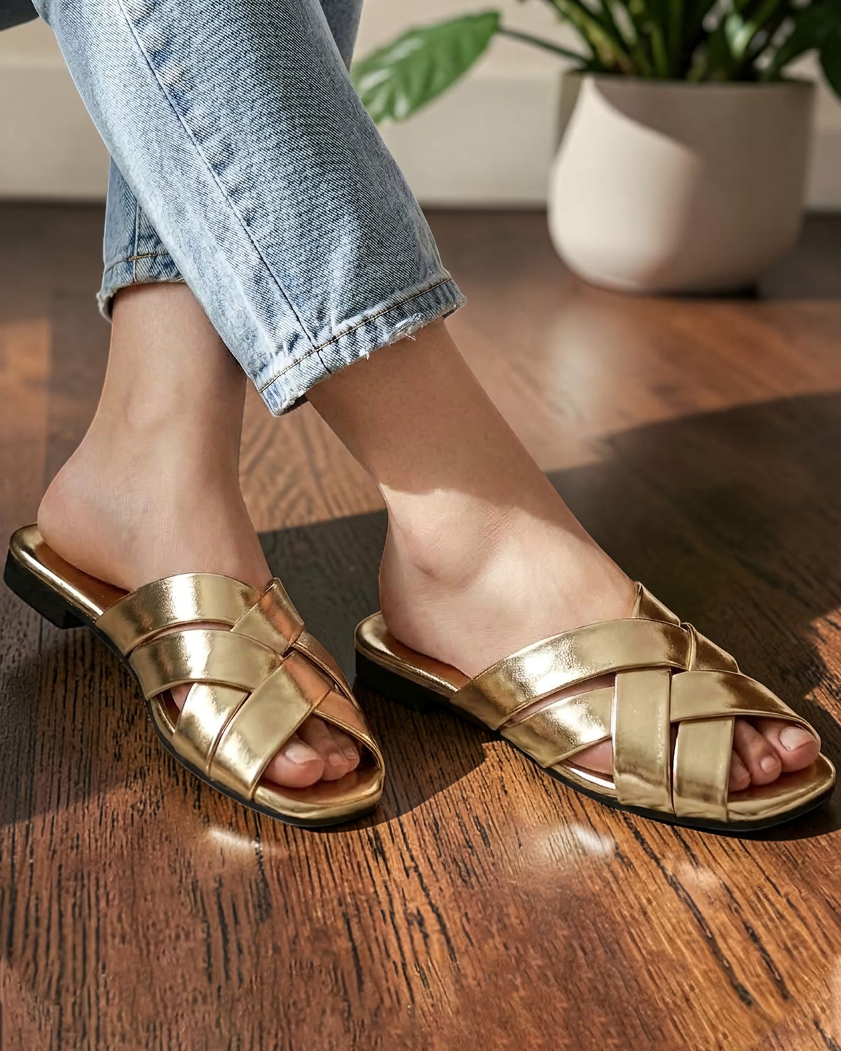 Metallic Criss-Cross Slip-on Mules - CTSF|1920
