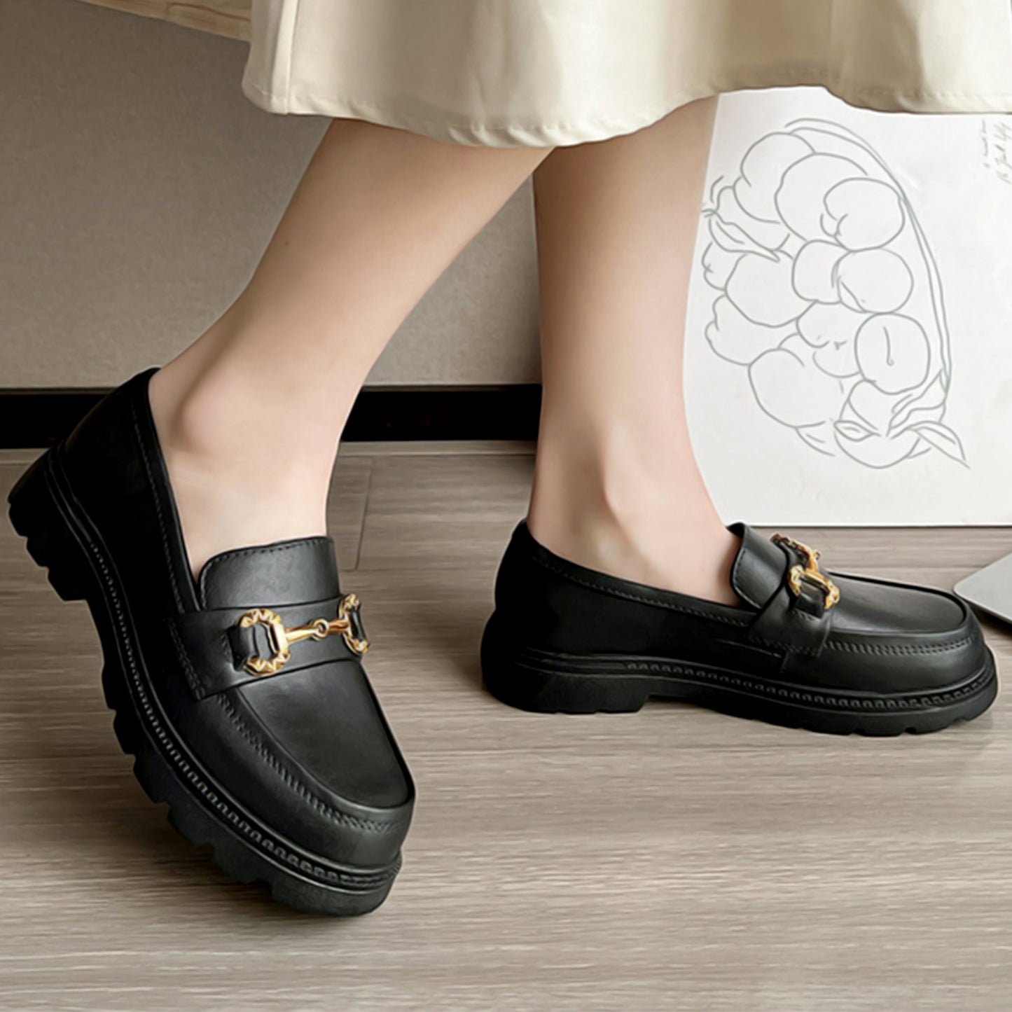 Chunky Loafers Wedge Shoes - Black