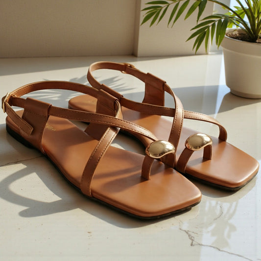 Gold Toe Ring Strappy Flat Sandals - JSTR|2250