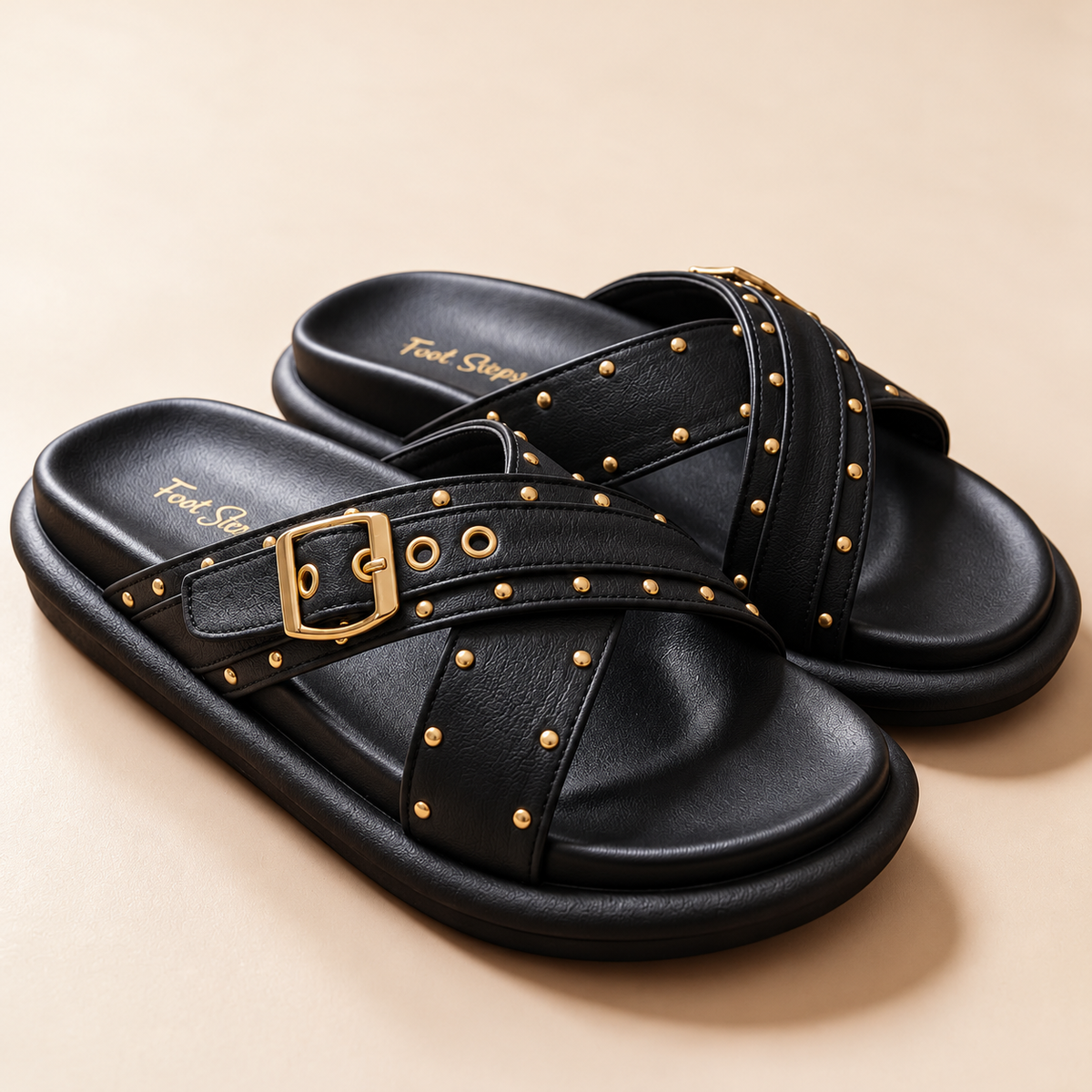 Studded Cross-Strap Soft Flatform Slides - 1115|3050