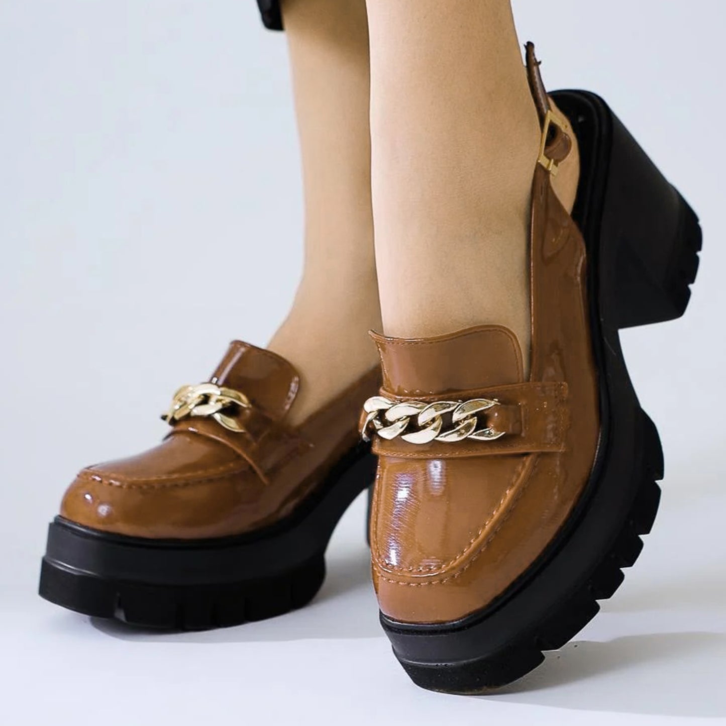 Lug Sole Block Heel Back Open Moccasin Shoes