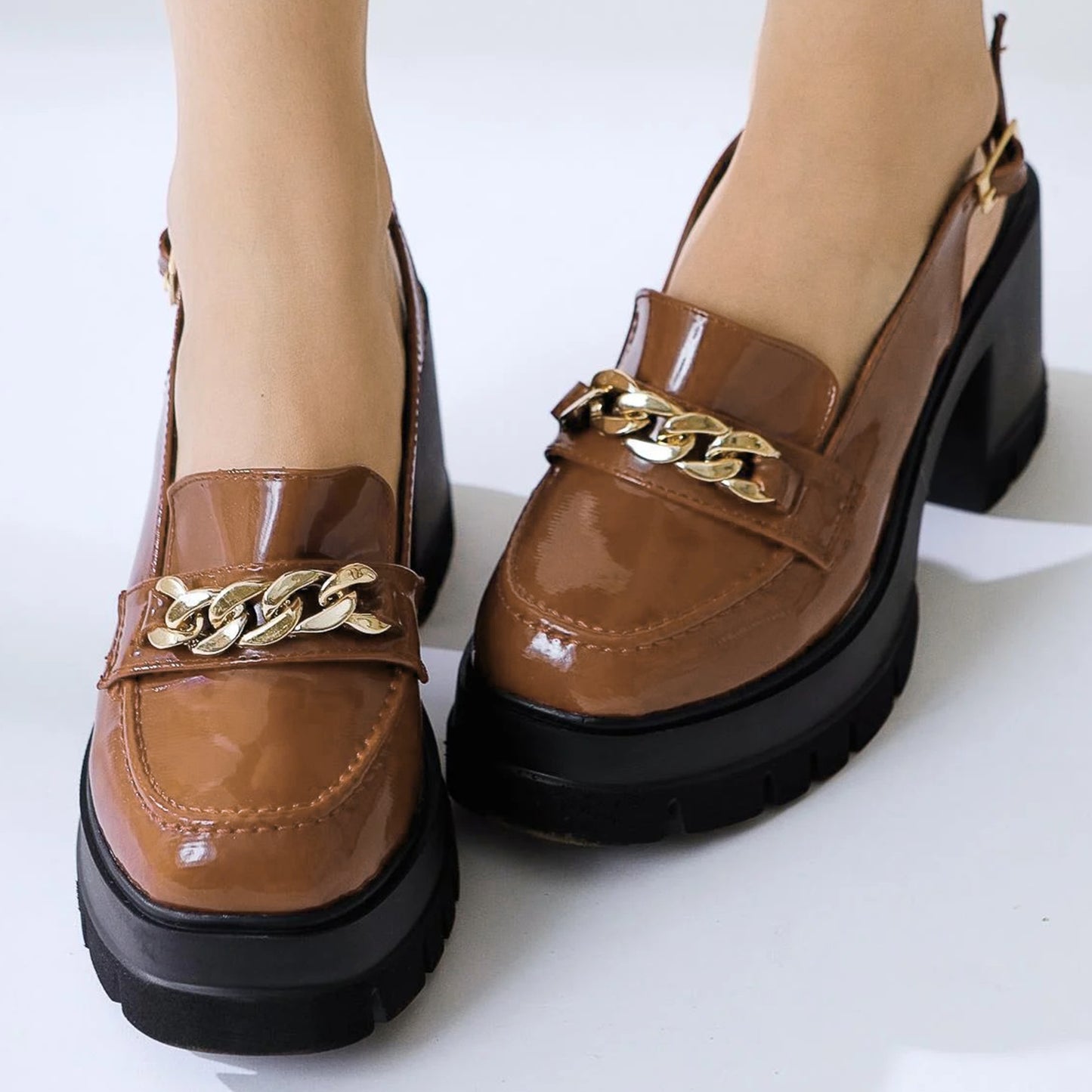 Lug Sole Block Heel Back Open Moccasin Shoes