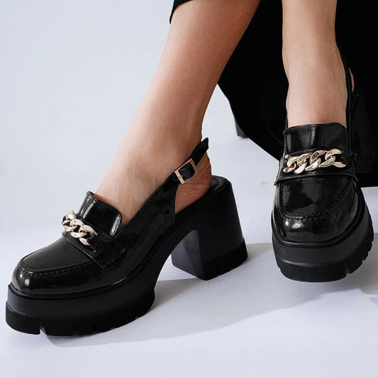 Lug Sole Block Heel Moccasin Shoes - Black