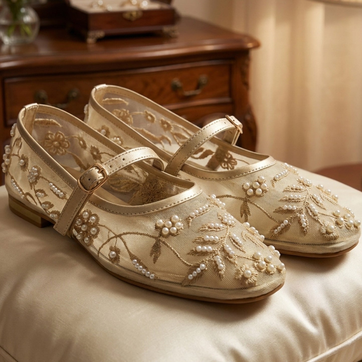 Pearl Embroidered Mesh Mary Janes - RZFP|2700