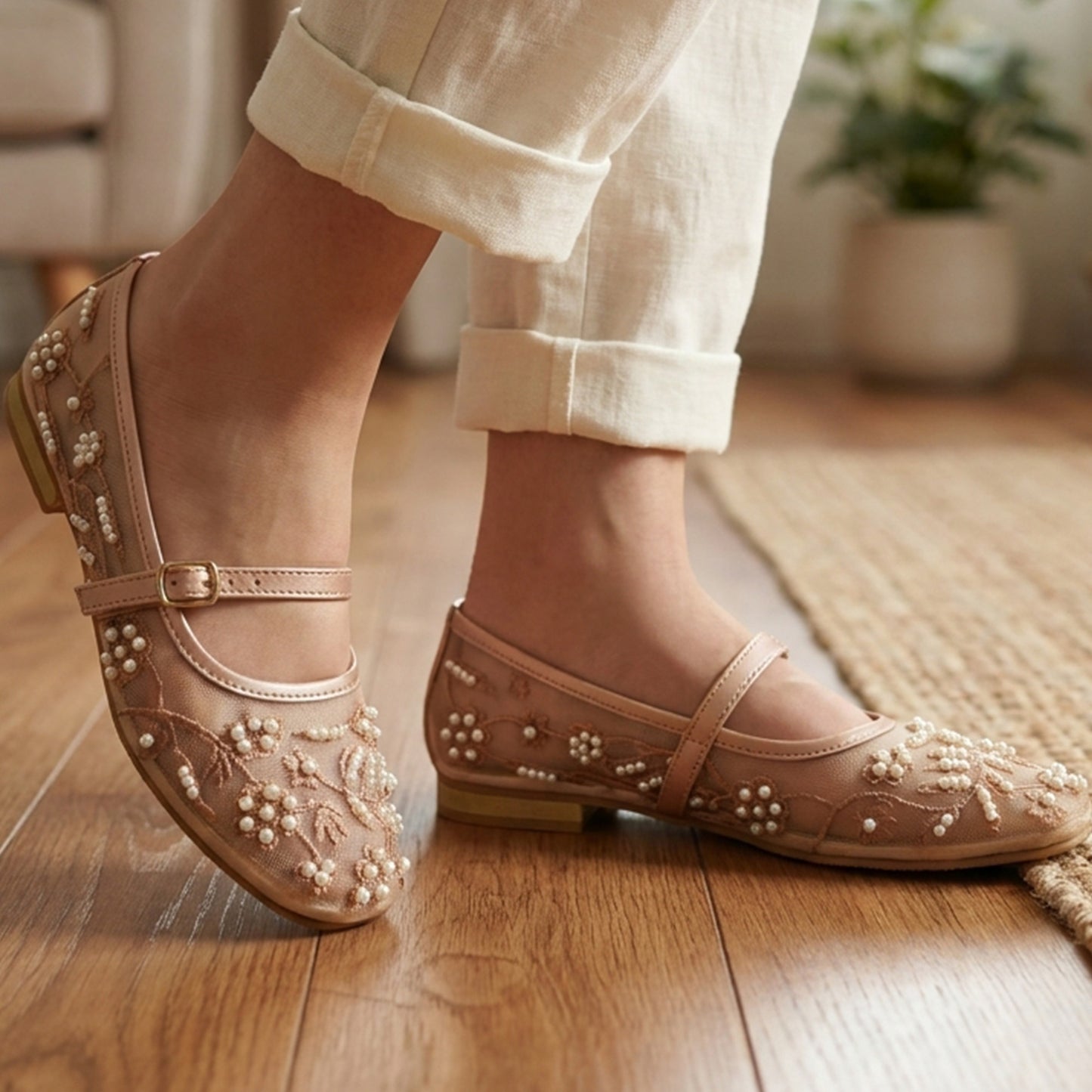 Pearl Embroidered Mesh Mary Janes - RZFP|2700