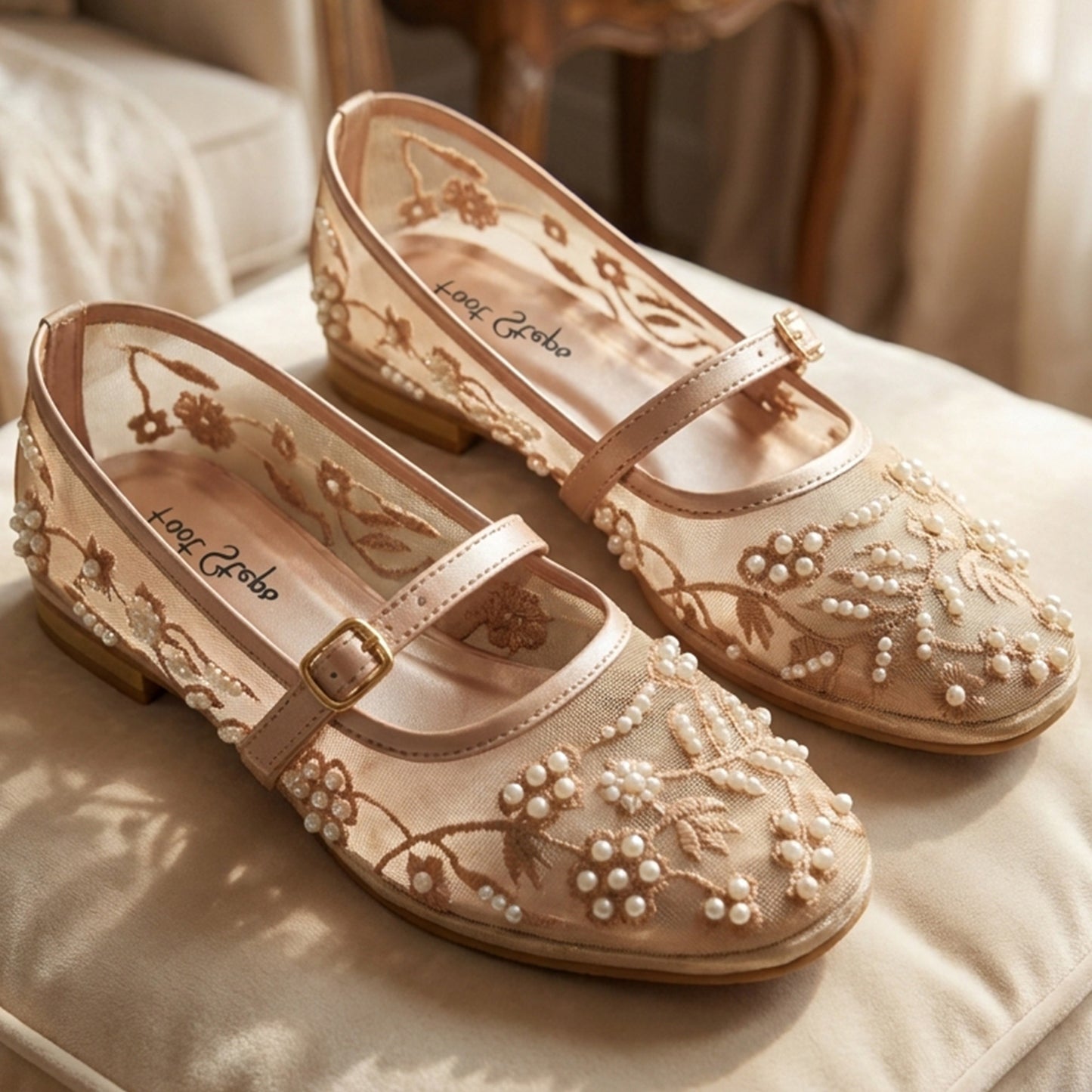 Pearl Embroidered Mesh Mary Janes - RZFP|2700