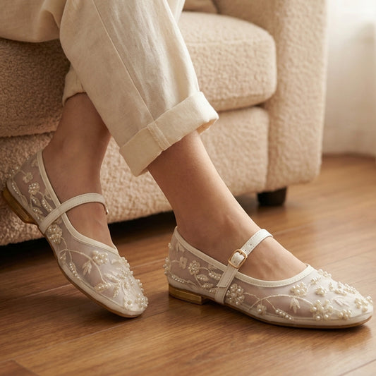 Pearl Embroidered Mesh Mary Janes - RZFP|2700