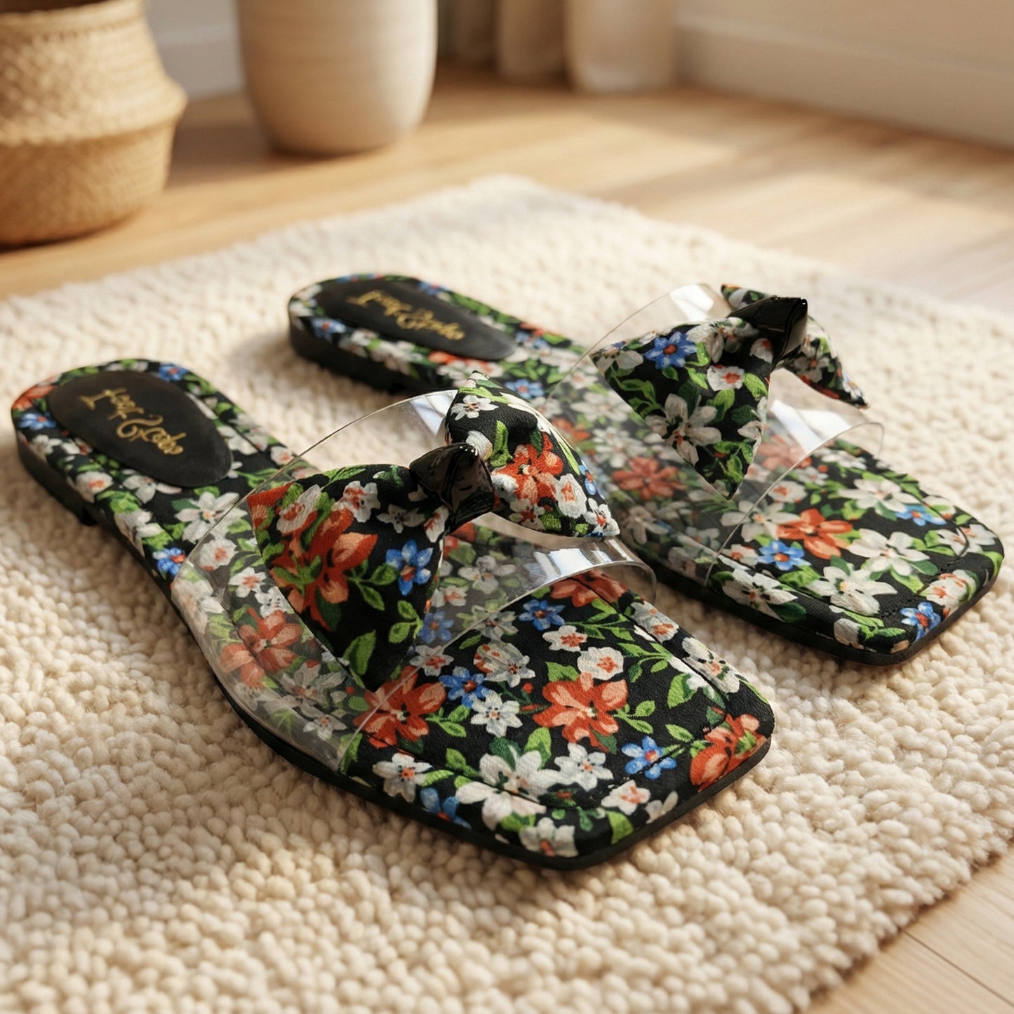 Clear Strap Floral Print Flat Slides - SFT|1750