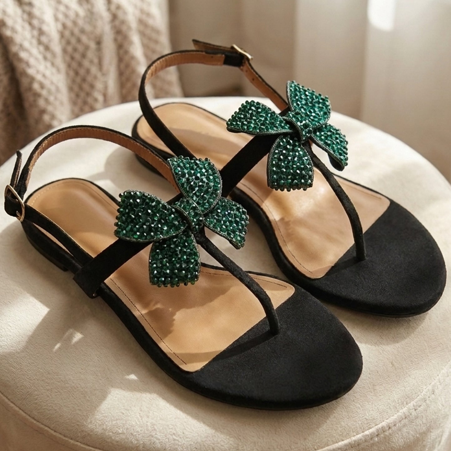 Embellished Bow T-Strap Flat Sandals - TSVB|2300