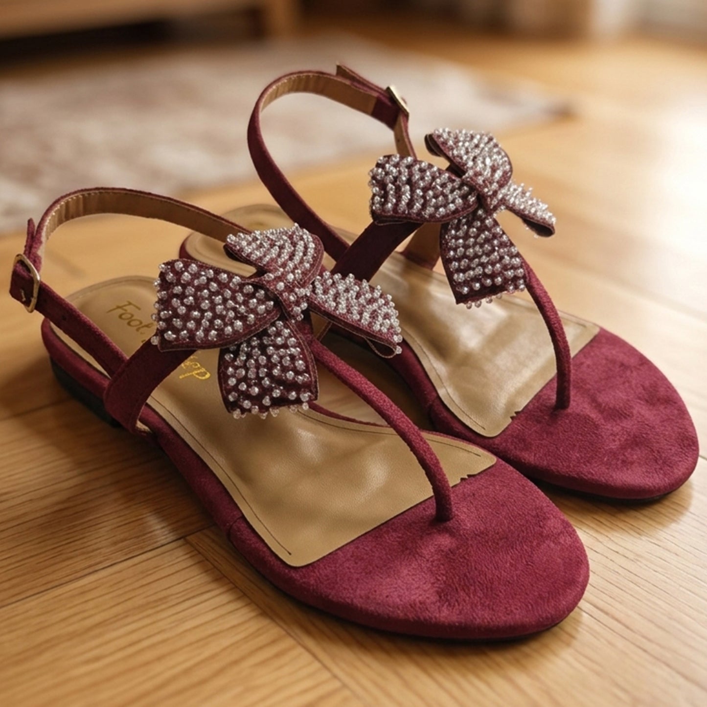 Embellished Bow T-Strap Flat Sandals - TSVB|2300