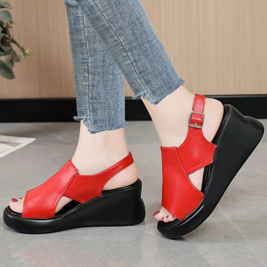 Thick Sole Platform Wedge Sandal For Women - Red