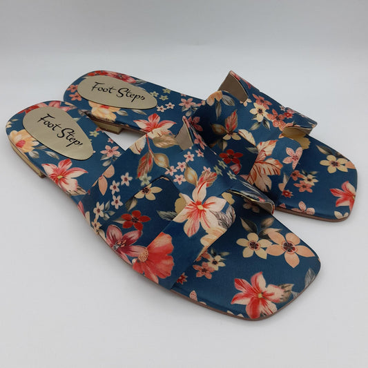 Summer Floral Flat Slides For Women - Blue