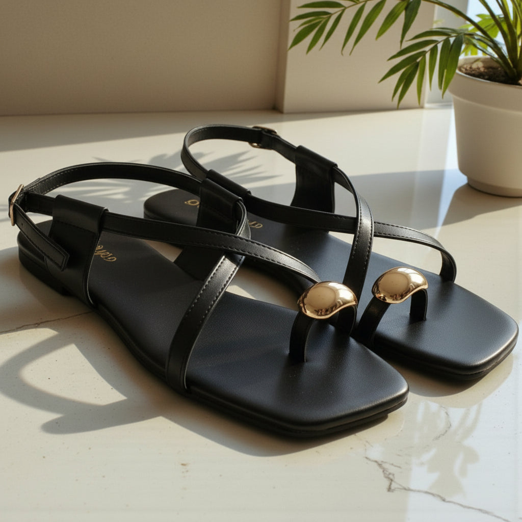 Gold Toe Ring Strappy Flat Sandals - JSTR|2250