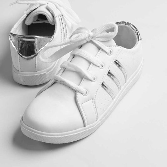 Lace up White Sneakers With Stripes Shoes For Girls