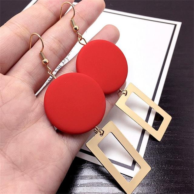Korean Style Red Circle Wooden Block Drop Earrings